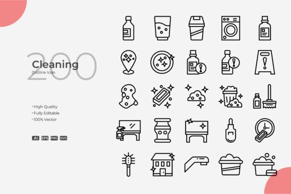 Cleaning Outline: A Versatile Set of 200 Icons for Designers